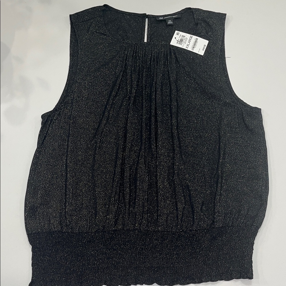 NWT- INC International Concepts Shimmering Black Sleeveless Smocked Top